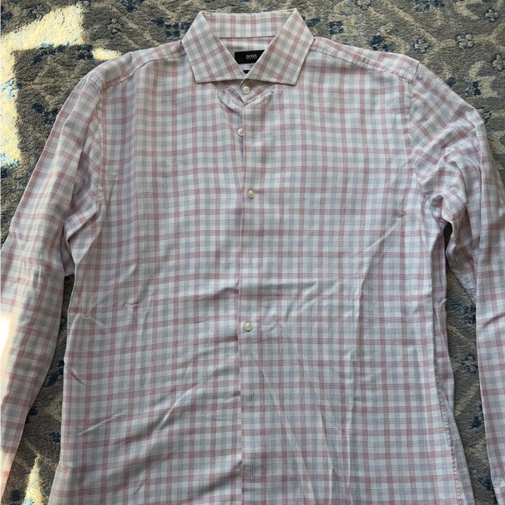 Hugo Boss Red and Grey Checkered Dress Shirt - Slim Fit